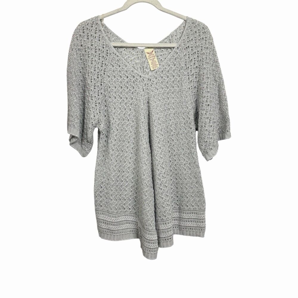 Faded Glory Womens Sz 2XL Gray Sweater Crochet Knit Short Sleeve V Neck Shirt